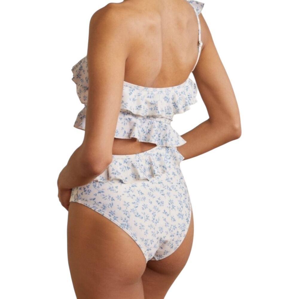 Peony Renaissance Ruffle One Piece Swimsuit AU8 S Blue Cream Floral Print Cutout - Picture 2 of 10